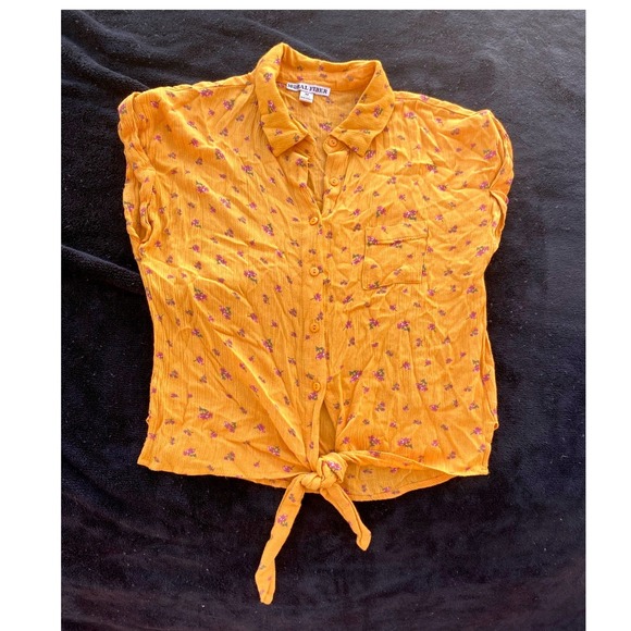 Moral Fiber‎ Floral Print Tie-Front Top Short Sleeve Blouse Yellow M - Picture 1 of 4